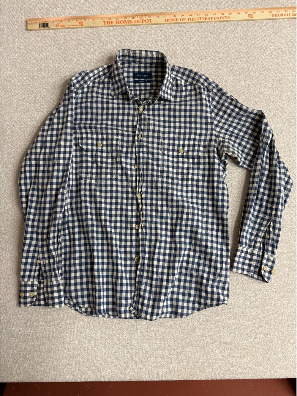 Massimo Dutti Mens Navy Blue White Gingham Check Long Sleeve Casual Shirt L